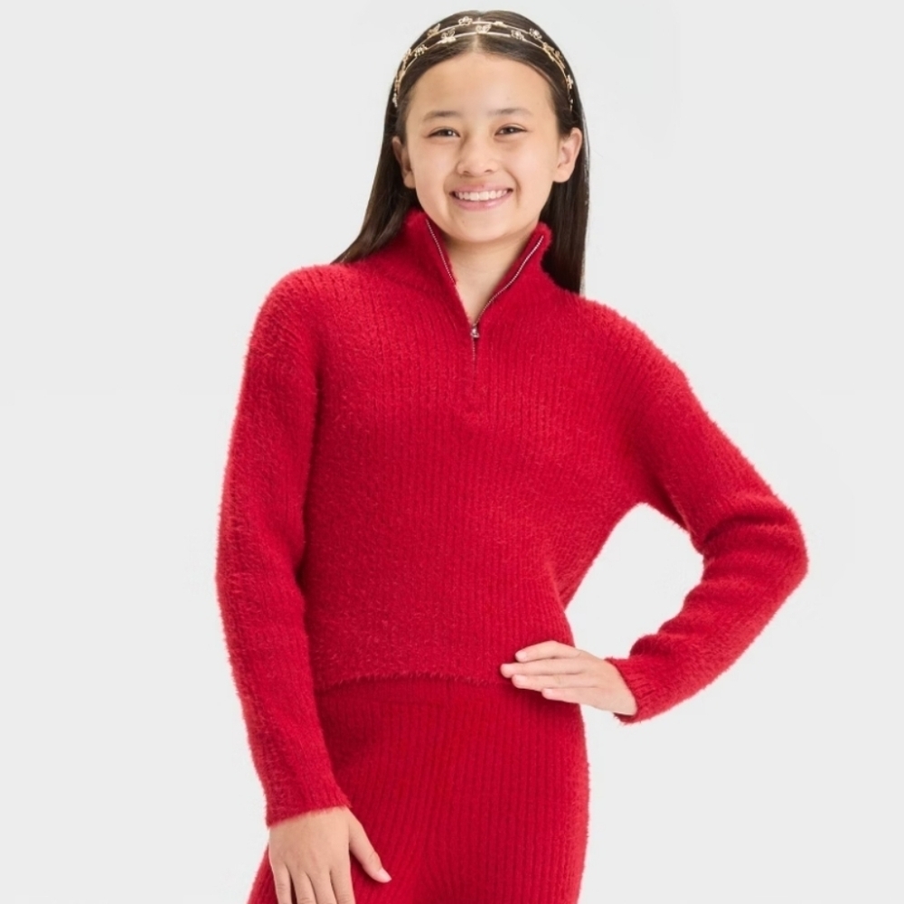 Girls' Ribbed Cozy Quarter Zip Sweater - art class - Red M